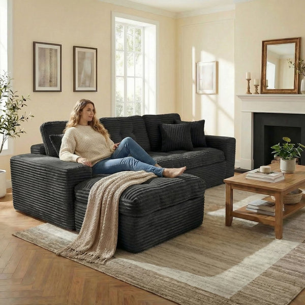 English Elm Modular Cloud Sofa with Ottoman Faux Fur Velvet All-foam Sectional for Living Room Black W5502S00012