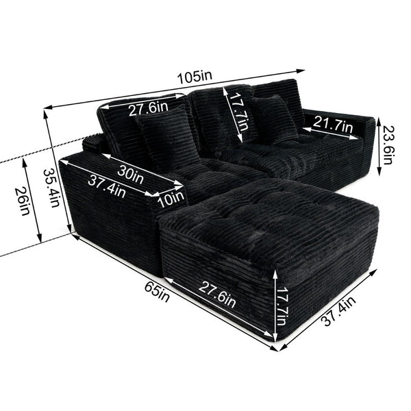English Elm Modular Cloud Sofa with Ottoman Faux Fur Velvet All-foam Sectional for Living Room Black W5502S00012