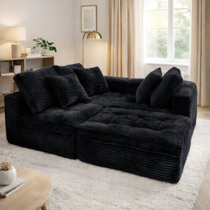 English Elm Modular Cloud Sofa with Ottoman Faux Fur Velvet All-foam Sectional for Living Room Black W5502S00012