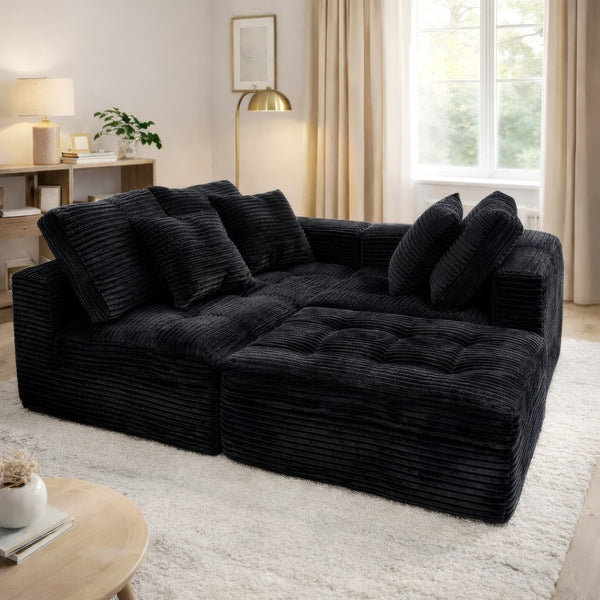 English Elm Modular Cloud Sofa with Ottoman Faux Fur Velvet All-foam Sectional for Living Room Black W5502S00012