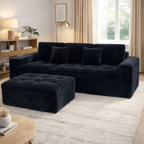 English Elm Modular Cloud Sofa with Ottoman Faux Fur Velvet All-foam Sectional for Living Room Black W5502S00012