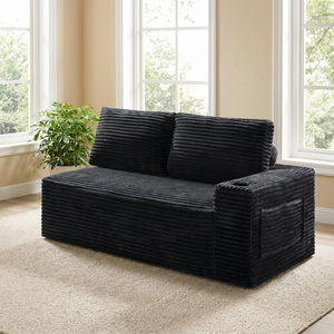 English Elm 2 Seater Floor Sofa Plush Ribbed Corduroy Low Profile with Cup Holder for Living Room Black - A W5515P444514