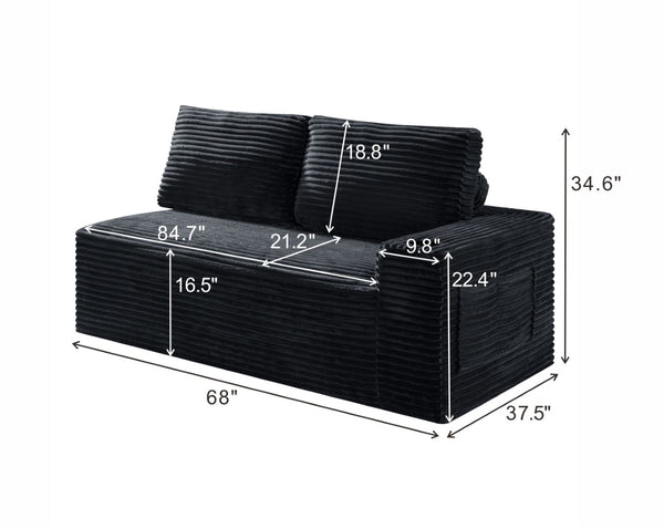 English Elm 2 Seater Floor Sofa Plush Ribbed Corduroy Low Profile with Cup Holder for Living Room Black - A W5515P444514