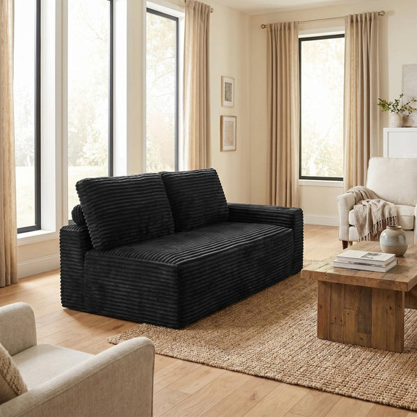 English Elm 2 Seater Floor Sofa Plush Ribbed Corduroy Low Profile with Cup Holder for Living Room Black - A W5515P444514