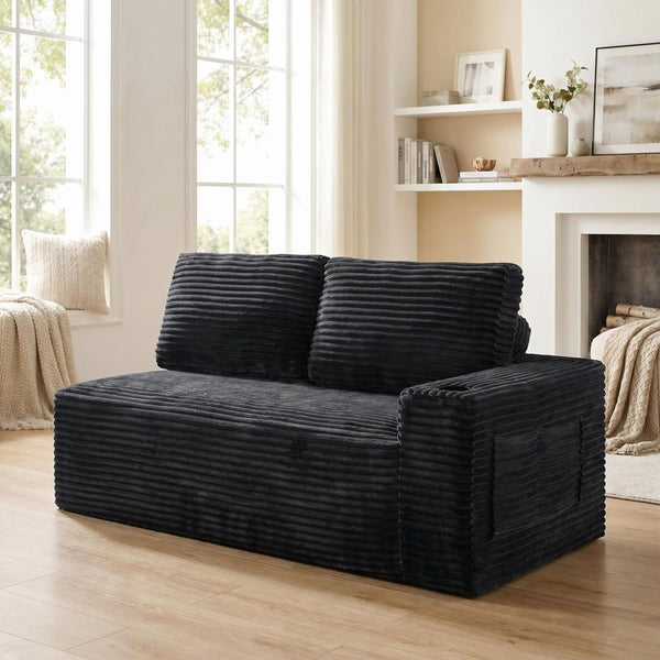 English Elm 2 Seater Floor Sofa Plush Ribbed Corduroy Low Profile with Cup Holder for Living Room Black - A W5515P444514