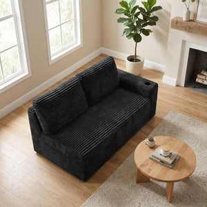 English Elm 2 Seater Floor Sofa Plush Ribbed Corduroy Low Profile with Cup Holder for Living Room Black - A W5515P444514