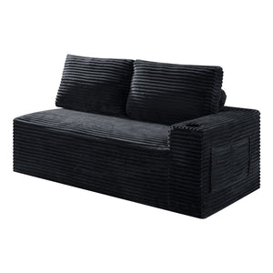 English Elm 2 Seater Floor Sofa Plush Ribbed Corduroy Low Profile with Cup Holder for Living Room Black - A W5515P444514