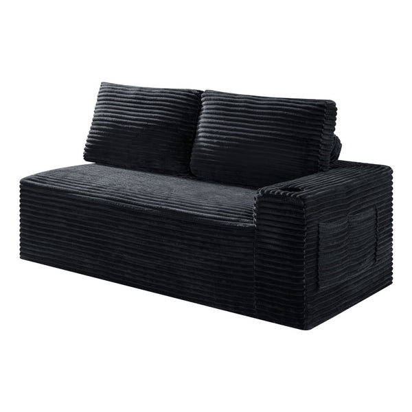 English Elm 2 Seater Floor Sofa Plush Ribbed Corduroy Low Profile with Cup Holder for Living Room Black - A W5515P444514