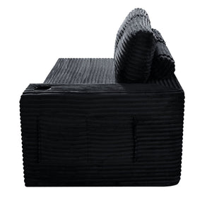 English Elm 2 Seater Floor Sofa Plush Ribbed Corduroy Low Profile with Cup Holder for Living Room Black - A W5515P444514