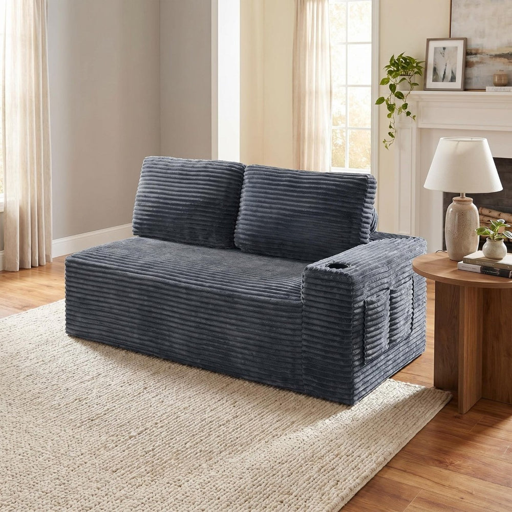English Elm 2 Seater Floor Sofa Plush Ribbed Corduroy Low Profile with Cup Holder for Living Room Gray - A W5515P444580