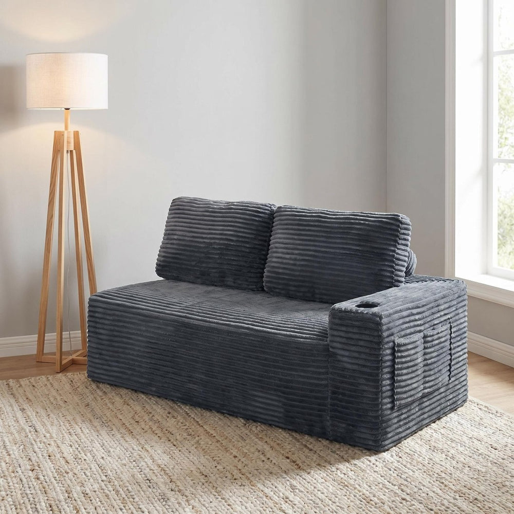 English Elm 2 Seater Floor Sofa Plush Ribbed Corduroy Low Profile with Cup Holder for Living Room Gray - A W5515P444580