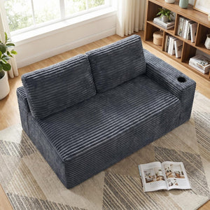 English Elm 2 Seater Floor Sofa Plush Ribbed Corduroy Low Profile with Cup Holder for Living Room Gray - A W5515P444580