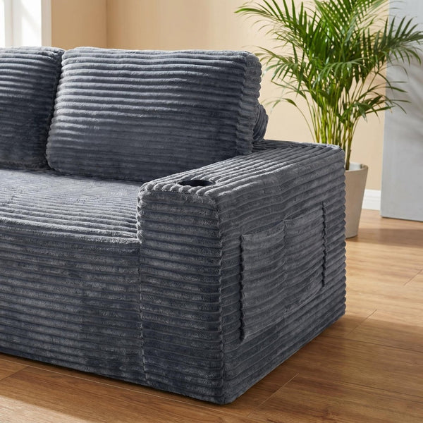 English Elm 2 Seater Floor Sofa Plush Ribbed Corduroy Low Profile with Cup Holder for Living Room Gray - A W5515P444580