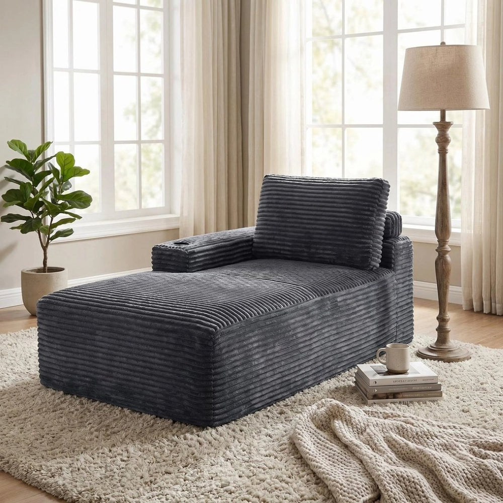 English Elm Gray Corduroy Chaise Lounge with Cup Holder Streamlined Comfort for Modern Living Spaces W5515P444581