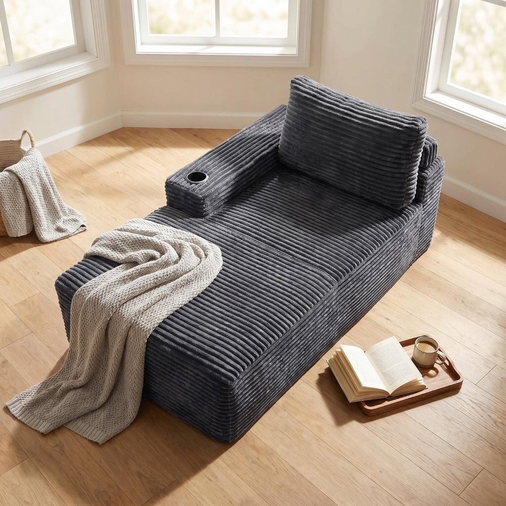 English Elm Gray Corduroy Chaise Lounge with Cup Holder Streamlined Comfort for Modern Living Spaces W5515P444581