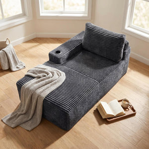 English Elm Gray Corduroy Chaise Lounge with Cup Holder Streamlined Comfort for Modern Living Spaces W5515P444581