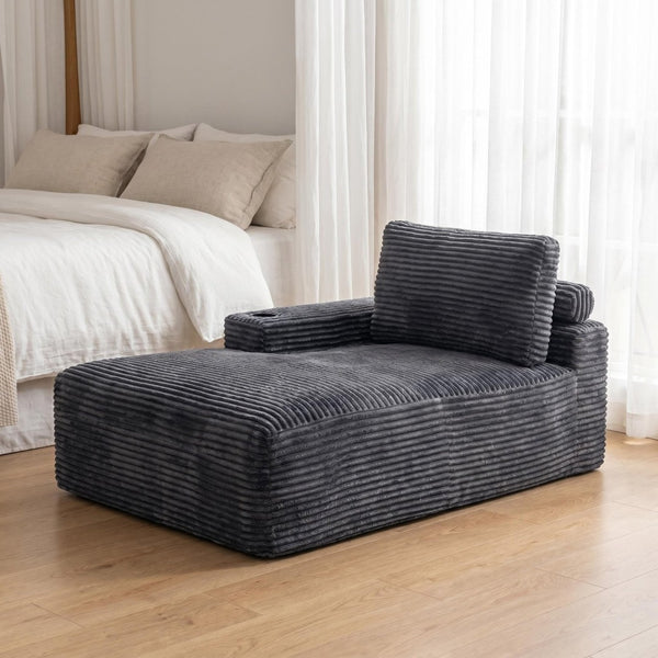 English Elm Gray Corduroy Chaise Lounge with Cup Holder Streamlined Comfort for Modern Living Spaces W5515P444581