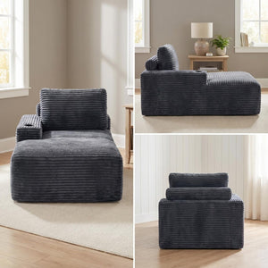 English Elm Gray Corduroy Chaise Lounge with Cup Holder Streamlined Comfort for Modern Living Spaces W5515P444581