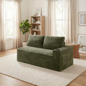 English Elm 2 Seater Floor Sofa Plush Ribbed Corduroy Low Profile with Cup Holder for Living Room Green - A W5515P444583