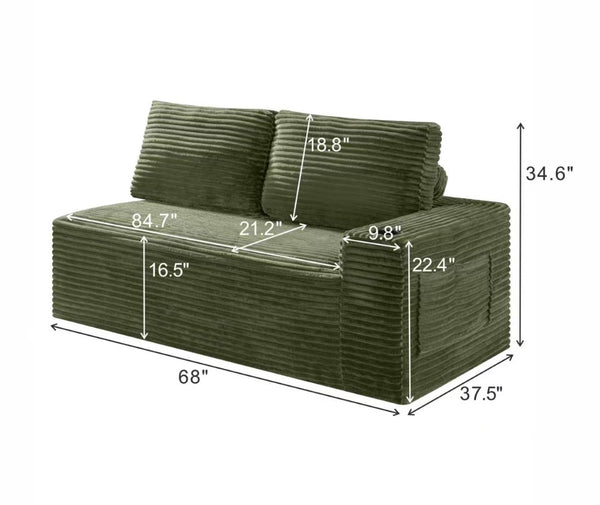 English Elm 2 Seater Floor Sofa Plush Ribbed Corduroy Low Profile with Cup Holder for Living Room Green - A W5515P444583