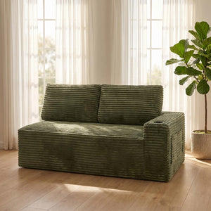 English Elm 2 Seater Floor Sofa Plush Ribbed Corduroy Low Profile with Cup Holder for Living Room Green - A W5515P444583