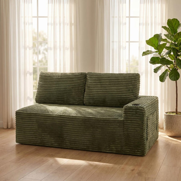 English Elm 2 Seater Floor Sofa Plush Ribbed Corduroy Low Profile with Cup Holder for Living Room Green - A W5515P444583