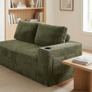 English Elm 2 Seater Floor Sofa Plush Ribbed Corduroy Low Profile with Cup Holder for Living Room Green - A W5515P444583