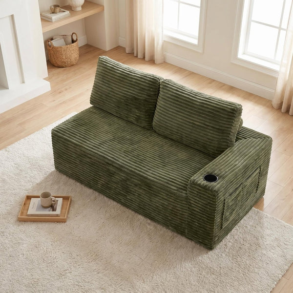 English Elm 2 Seater Floor Sofa Plush Ribbed Corduroy Low Profile with Cup Holder for Living Room Green - A W5515P444583