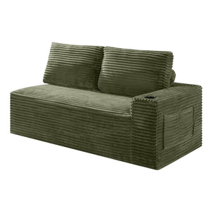 English Elm 2 Seater Floor Sofa Plush Ribbed Corduroy Low Profile with Cup Holder for Living Room Green - A W5515P444583
