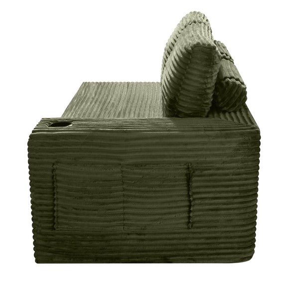English Elm 2 Seater Floor Sofa Plush Ribbed Corduroy Low Profile with Cup Holder for Living Room Green - A W5515P444583