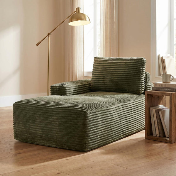 English Elm Green Corduroy Chaise Lounge with Cup Holder Compact Modern Sofa for Any Room Green - A W5515P444585