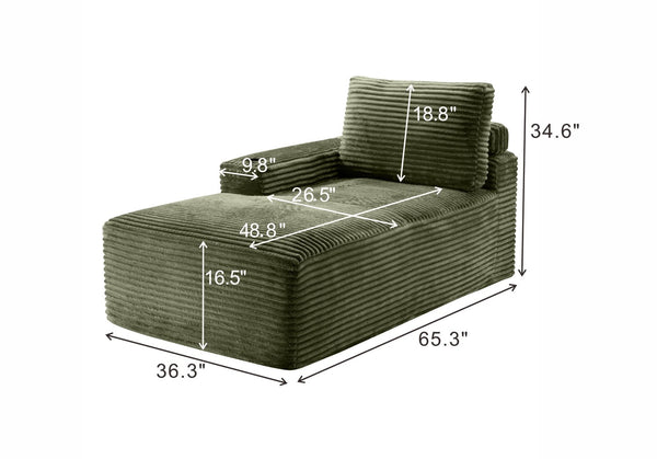 English Elm Green Corduroy Chaise Lounge with Cup Holder Compact Modern Sofa for Any Room Green - A W5515P444585