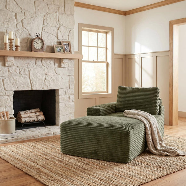 English Elm Green Corduroy Chaise Lounge with Cup Holder Compact Modern Sofa for Any Room Green - A W5515P444585