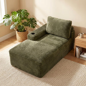 English Elm Green Corduroy Chaise Lounge with Cup Holder Compact Modern Sofa for Any Room Green - A W5515P444585
