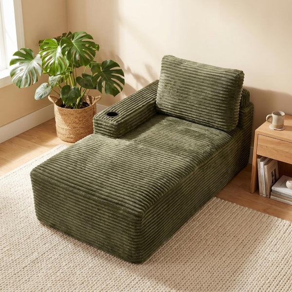 English Elm Green Corduroy Chaise Lounge with Cup Holder Compact Modern Sofa for Any Room Green - A W5515P444585