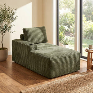 English Elm Green Corduroy Chaise Lounge with Cup Holder Compact Modern Sofa for Any Room Green - A W5515P444585