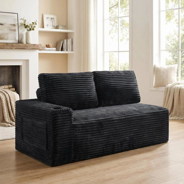 English Elm 2 Seater Floor Sofa Plush Ribbed Corduroy Low Profile with Cup Holder for Living Room Black - B W5515P444695