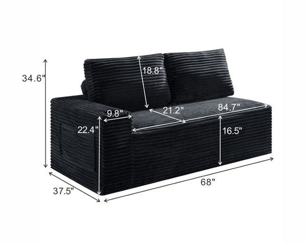 English Elm 2 Seater Floor Sofa Plush Ribbed Corduroy Low Profile with Cup Holder for Living Room Black - B W5515P444695