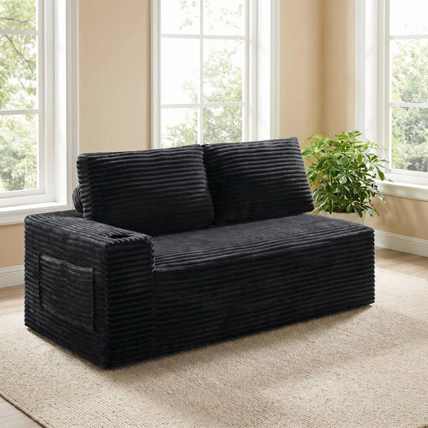 English Elm 2 Seater Floor Sofa Plush Ribbed Corduroy Low Profile with Cup Holder for Living Room Black - B W5515P444695
