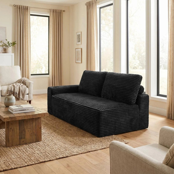 English Elm 2 Seater Floor Sofa Plush Ribbed Corduroy Low Profile with Cup Holder for Living Room Black - B W5515P444695