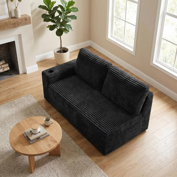 English Elm 2 Seater Floor Sofa Plush Ribbed Corduroy Low Profile with Cup Holder for Living Room Black - B W5515P444695