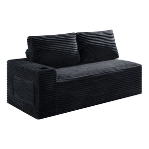 English Elm 2 Seater Floor Sofa Plush Ribbed Corduroy Low Profile with Cup Holder for Living Room Black - B W5515P444695