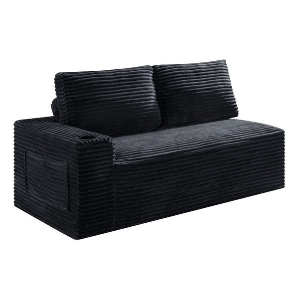 English Elm 2 Seater Floor Sofa Plush Ribbed Corduroy Low Profile with Cup Holder for Living Room Black - B W5515P444695