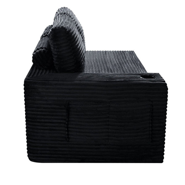 English Elm 2 Seater Floor Sofa Plush Ribbed Corduroy Low Profile with Cup Holder for Living Room Black - B W5515P444695