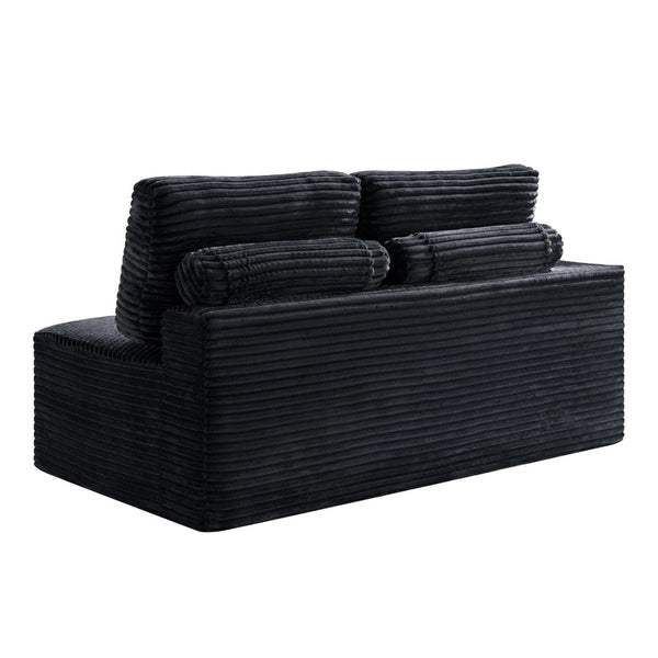 English Elm 2 Seater Floor Sofa Plush Ribbed Corduroy Low Profile with Cup Holder for Living Room Black - B W5515P444695