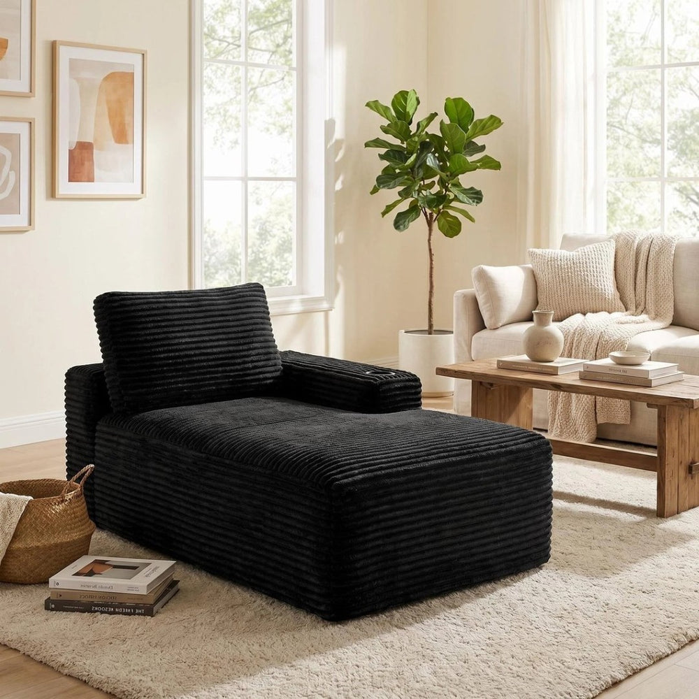 English Elm Black Corduroy Chaise Lounge with Cup Holder Low Profile Minimalist Sofa Seat W5515P444696