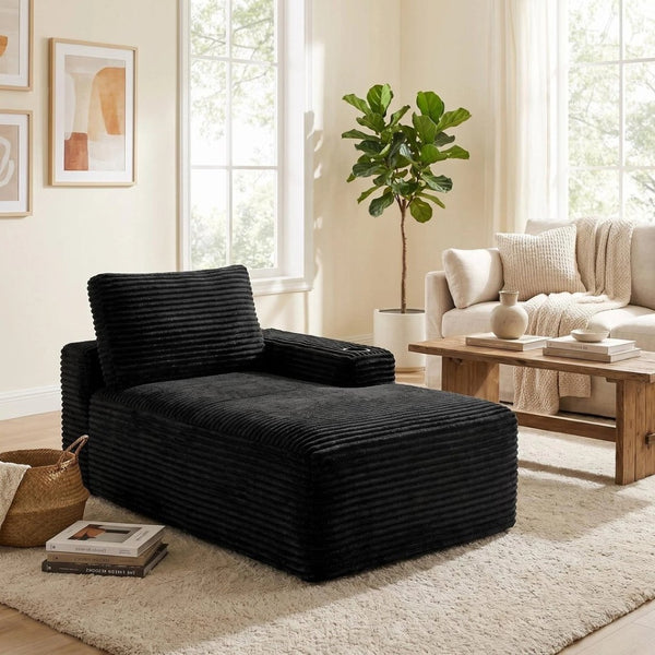 English Elm Black Corduroy Chaise Lounge with Cup Holder Low Profile Minimalist Sofa Seat W5515P444696