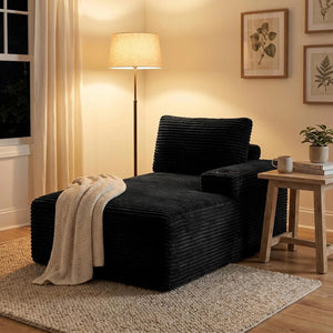 English Elm Black Corduroy Chaise Lounge with Cup Holder Low Profile Minimalist Sofa Seat W5515P444696