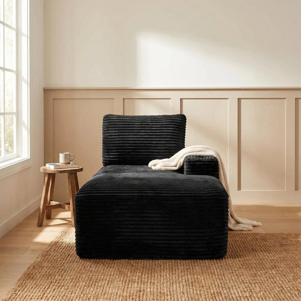 English Elm Black Corduroy Chaise Lounge with Cup Holder Low Profile Minimalist Sofa Seat W5515P444696
