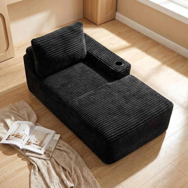 English Elm Black Corduroy Chaise Lounge with Cup Holder Low Profile Minimalist Sofa Seat W5515P444696